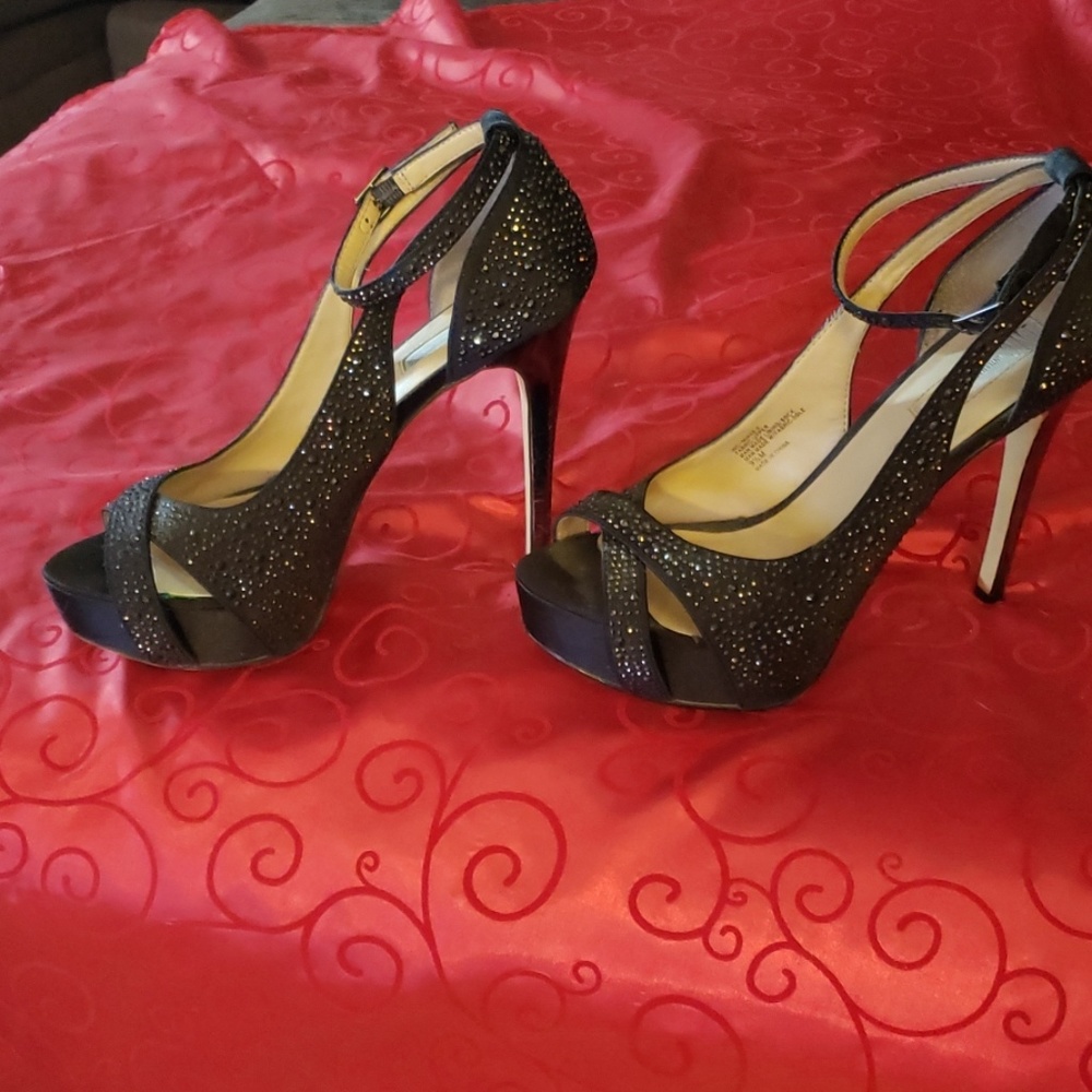 INC Sparkly Black Ankle Strap Peeptoe Pump